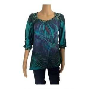 New Directions casual top shirt boho M multicolor square neck ruched 3/4 sleeve